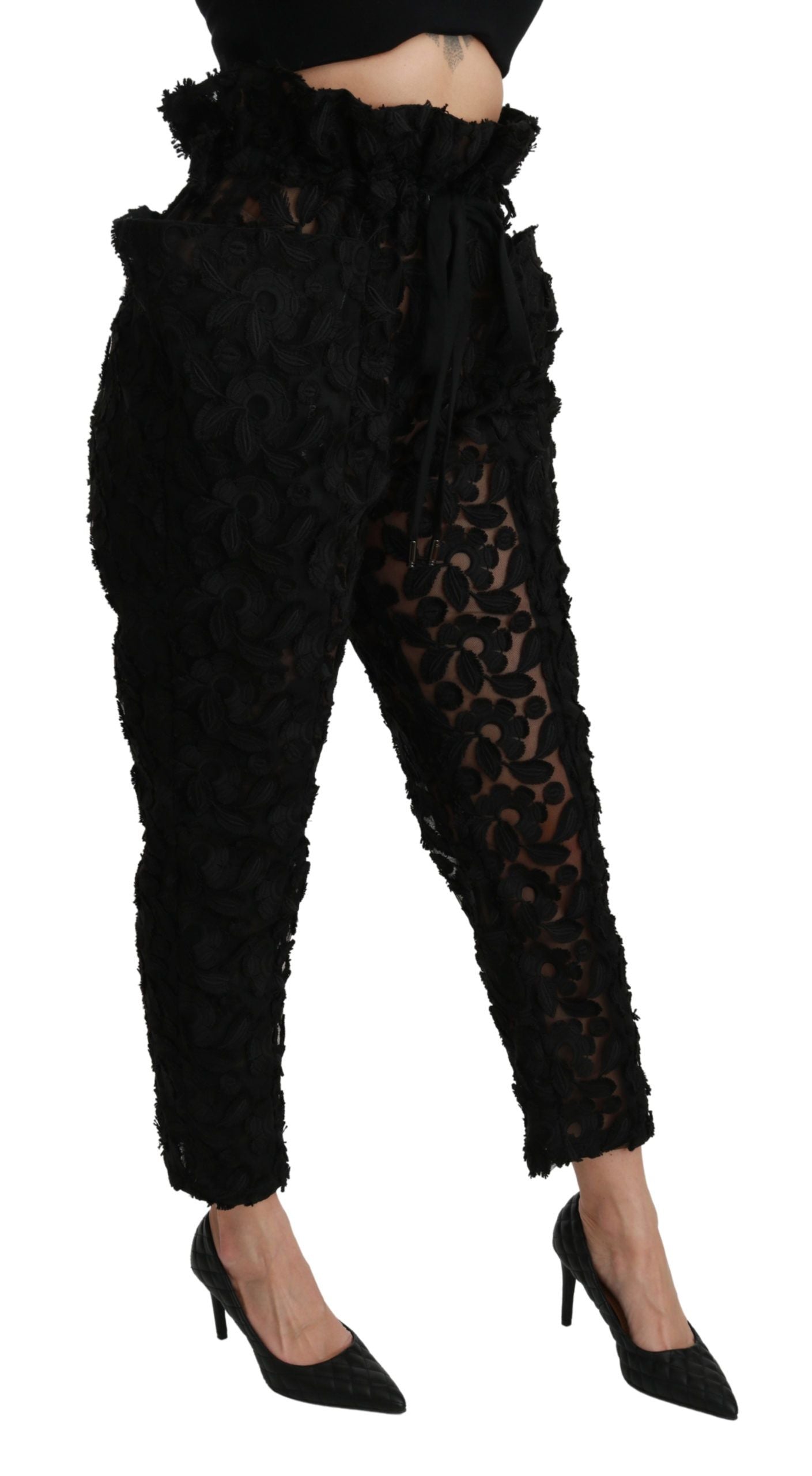 Black Floral Lace Tapered High Waist Pants-Dolce & Gabbana-LabelTerrace.com