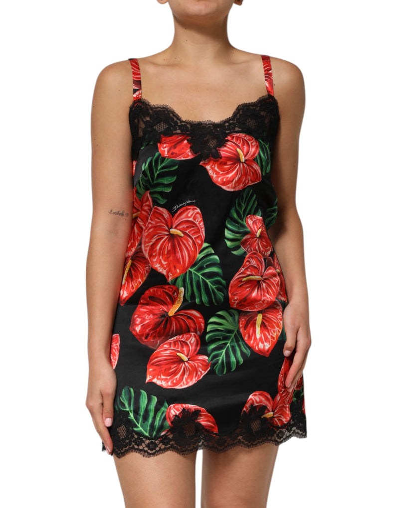 Black Floral Lace Trim Chemise Lingerie Dress-Dolce & Gabbana-LabelTerrace.com