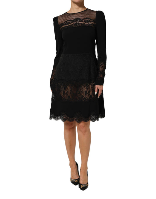 Black Floral Lace Trim Sheath A-line Dress-Dolce & Gabbana-LabelTerrace.com