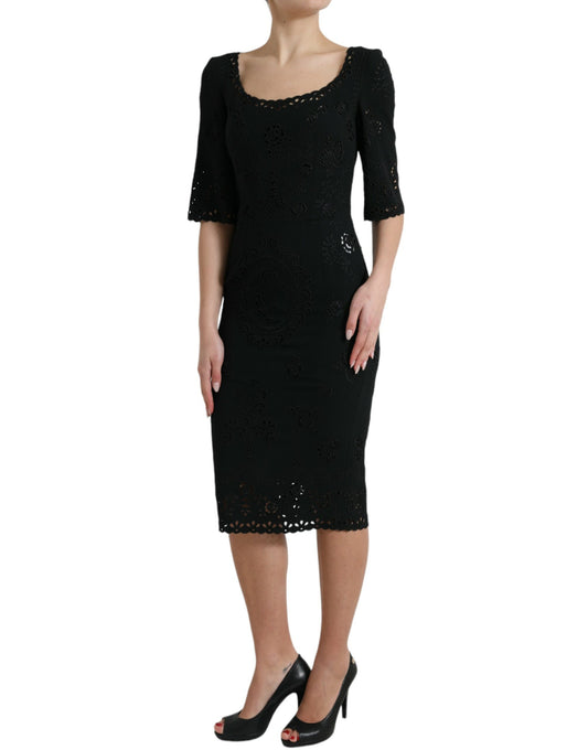 Black Floral Lace Viscose Bodycon Midi Dress-Dolce & Gabbana-LabelTerrace.com