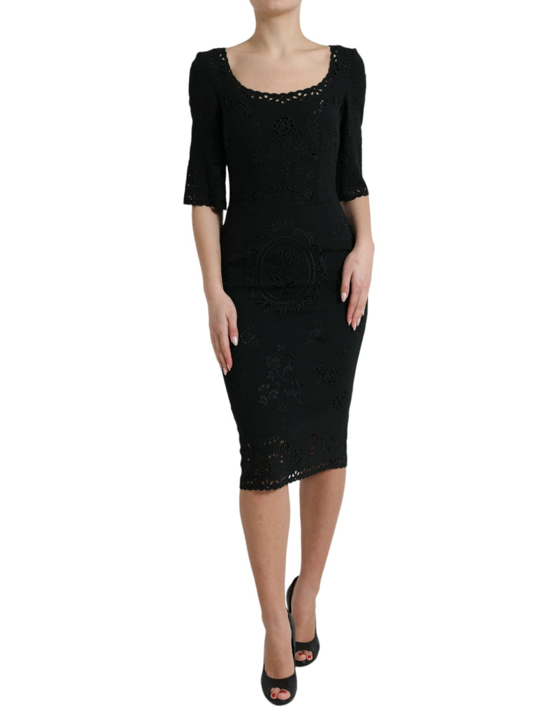 Black Floral Lace Viscose Bodycon Midi Dress-Dolce & Gabbana-LabelTerrace.com