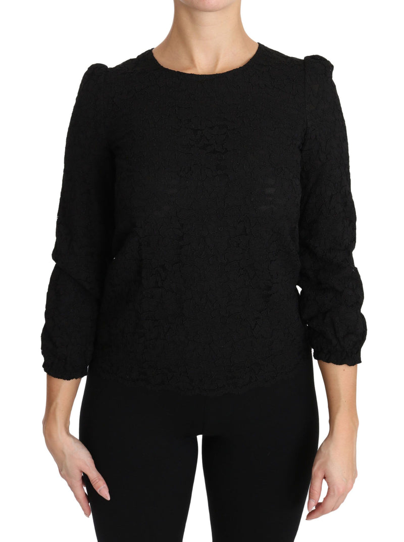 Black Floral Lace Zipper Top Blouse-Dolce & Gabbana-LabelTerrace.com