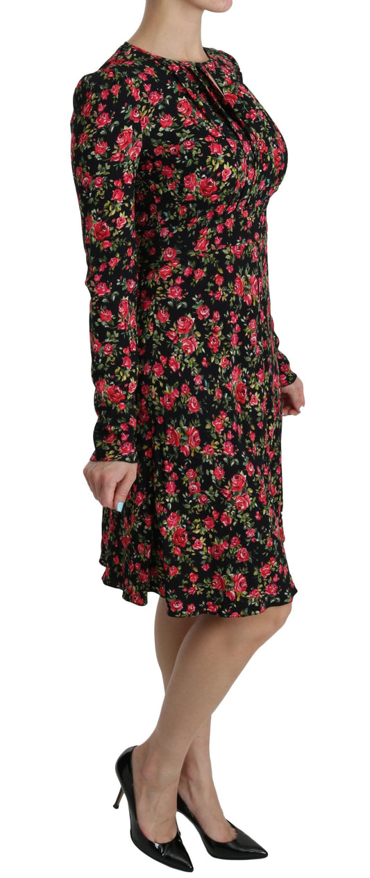 Black Floral Longsleeve Knee Length Dress-Dolce & Gabbana-LabelTerrace.com