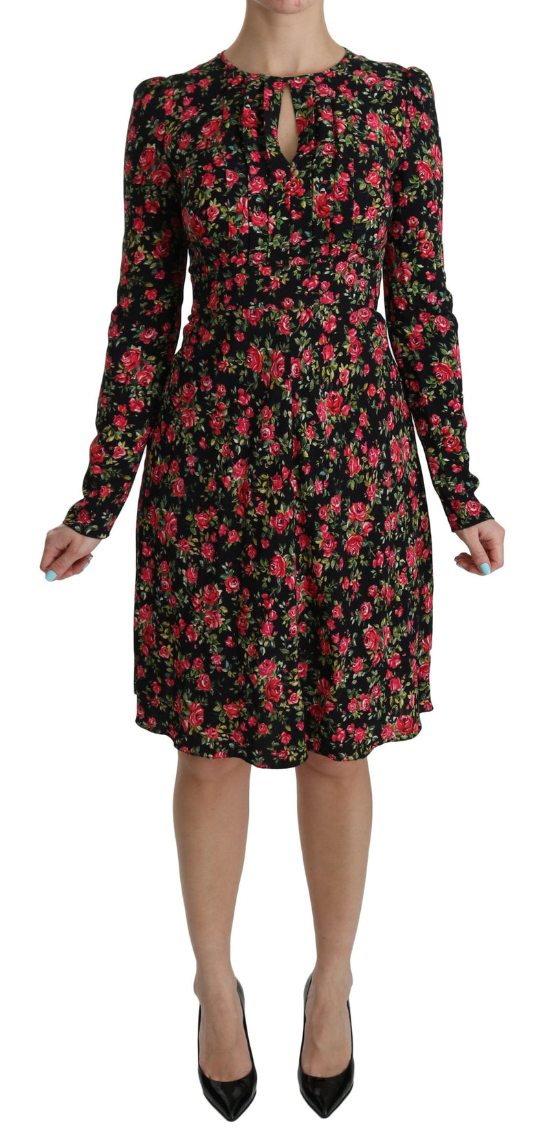 Black Floral Longsleeve Knee Length Dress-Dolce & Gabbana-LabelTerrace.com