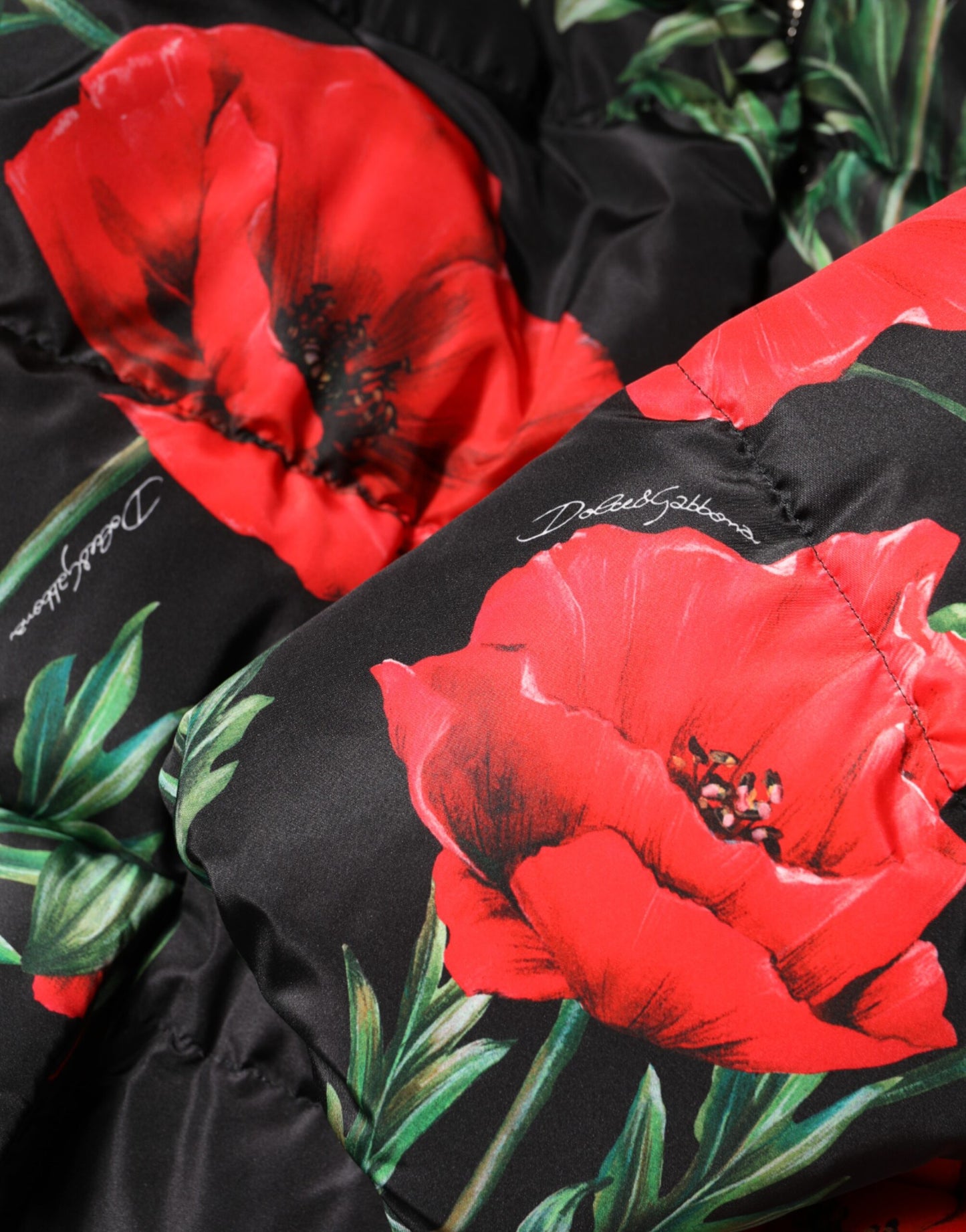 Black Floral Polyester Hooded Quilted Jacket-Dolce & Gabbana-LabelTerrace.com