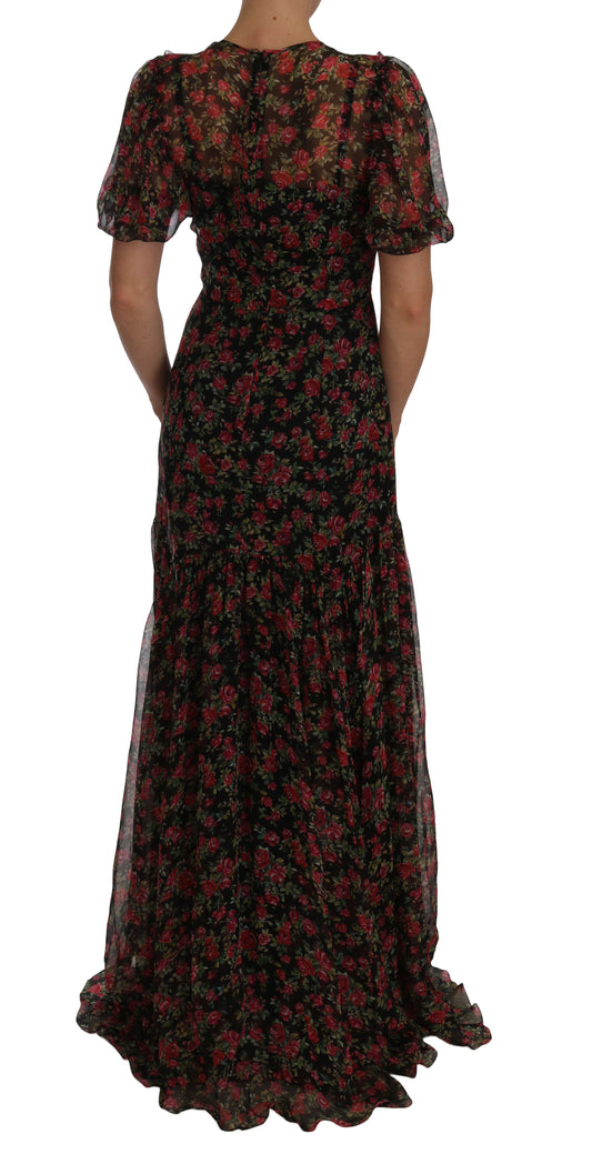 Black Floral Roses A-Line Shift Gown-Dolce & Gabbana-LabelTerrace.com