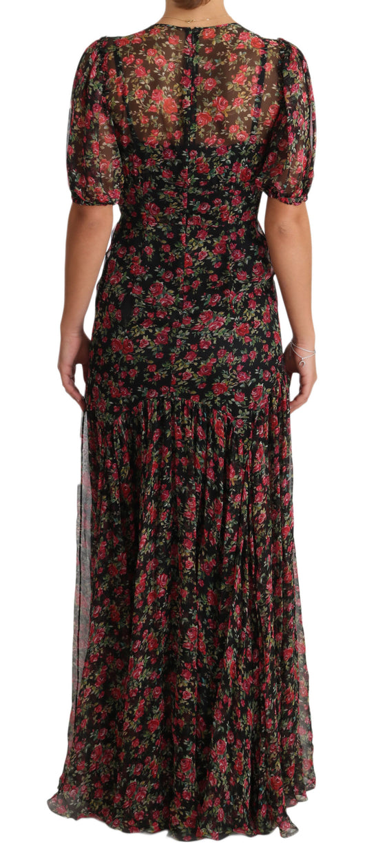 Black Floral Roses A-Line Shift Gown Dress-Dolce & Gabbana-LabelTerrace.com