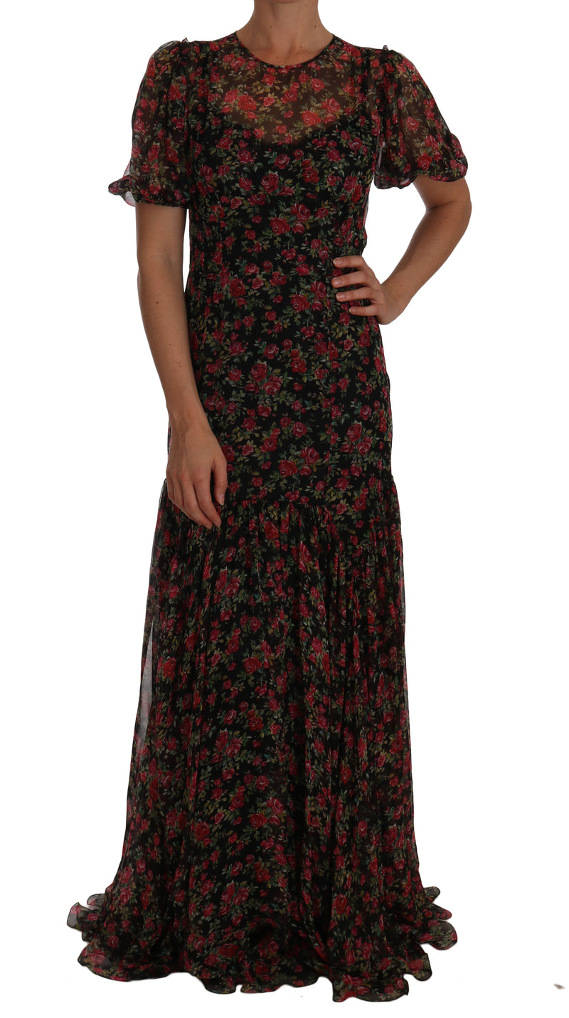 Black Floral Roses A-Line Shift Gown-Dolce & Gabbana-LabelTerrace.com
