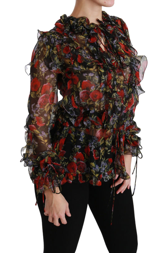 Black Floral Roses Blouse Silk Top-Dolce & Gabbana-LabelTerrace.com