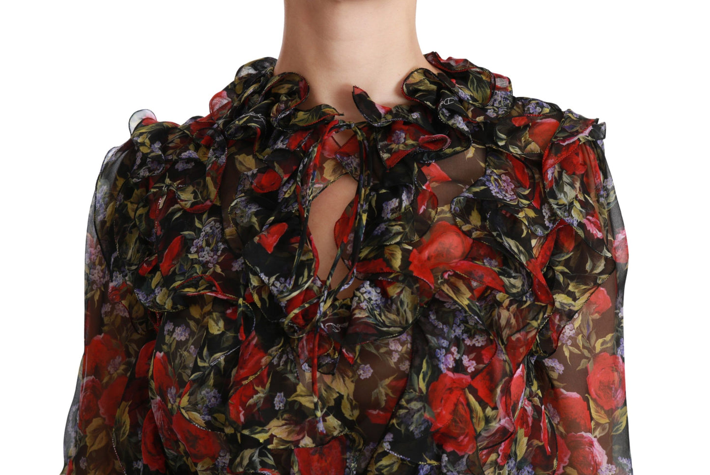 Black Floral Roses Blouse Silk Top-Dolce & Gabbana-LabelTerrace.com