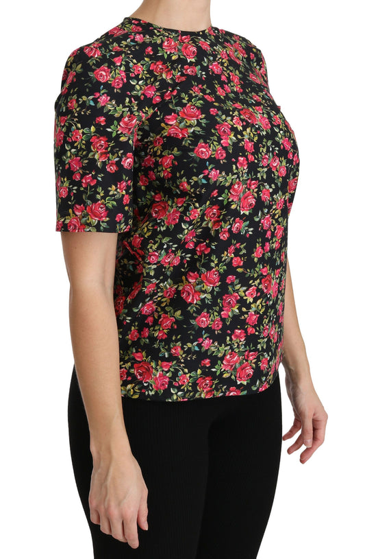 Black Floral Roses Short Sleeve Top Blouse-Dolce & Gabbana-LabelTerrace.com