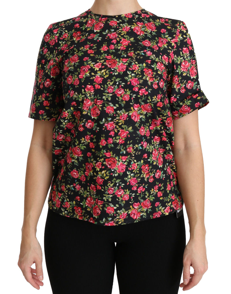 Black Floral Roses Short Sleeve Top Blouse-Dolce & Gabbana-LabelTerrace.com