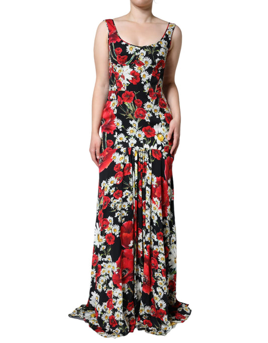Black Floral Silk Sleeveless Long Gown Dress-Dolce & Gabbana-LabelTerrace.com