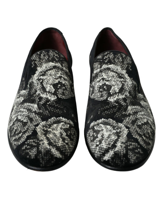 Black Floral Slippers Men Loafers Dress Shoes-Dolce & Gabbana-LabelTerrace.com