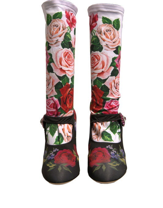 Black Floral Socks Crystal Boots Jersey Shoes-Dolce & Gabbana-LabelTerrace.com