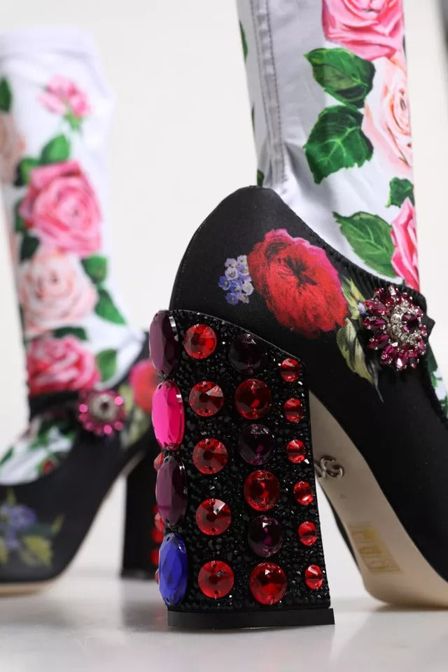 Black Floral Socks Crystal Boots Jersey Shoes-Dolce & Gabbana-LabelTerrace.com