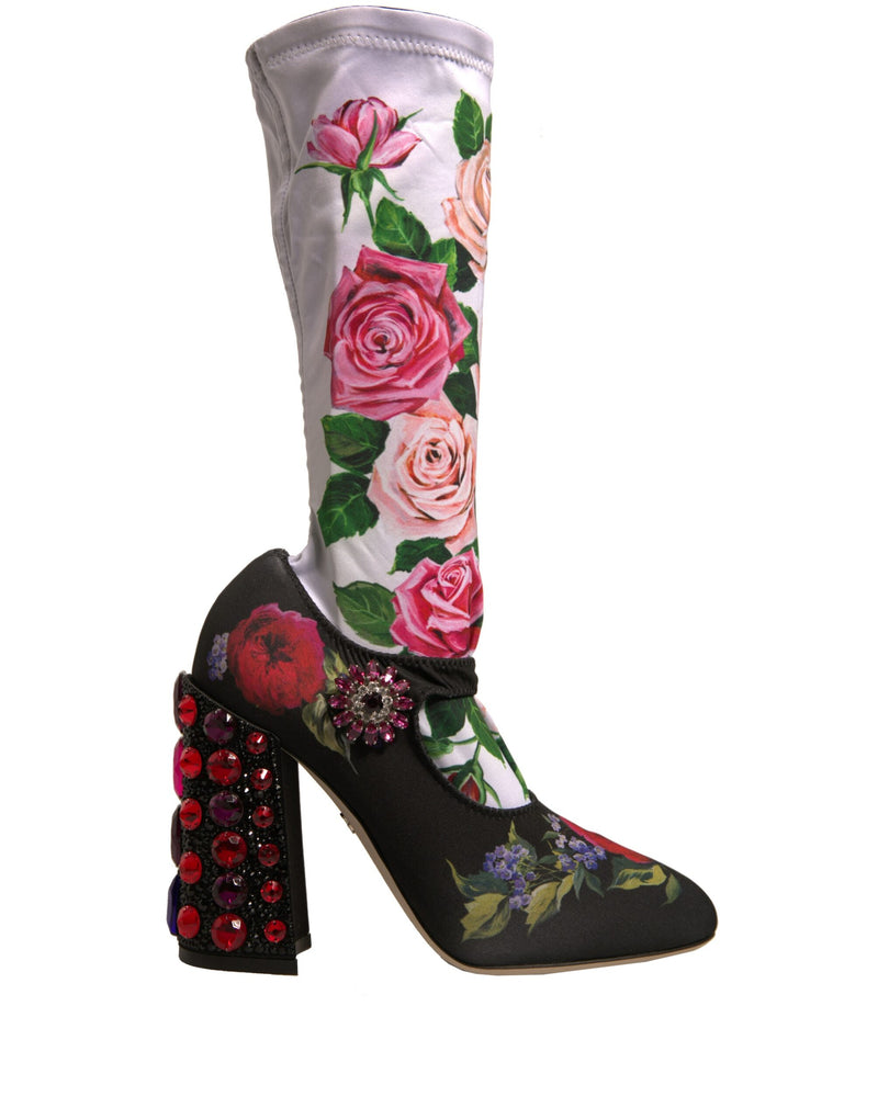 Black Floral Socks Crystal Boots Jersey Shoes-Dolce & Gabbana-LabelTerrace.com