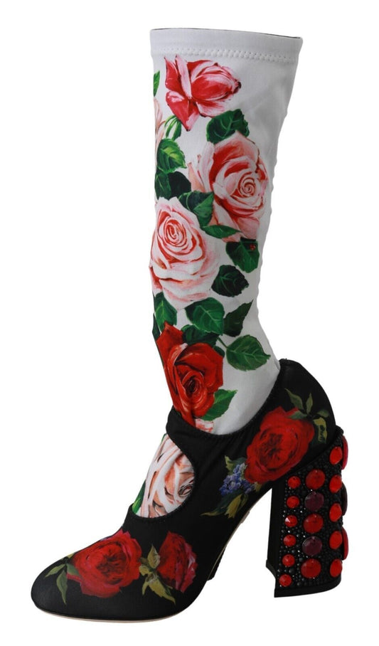 Black Floral Socks Crystal Jersey Boots Shoes-Dolce & Gabbana-LabelTerrace.com