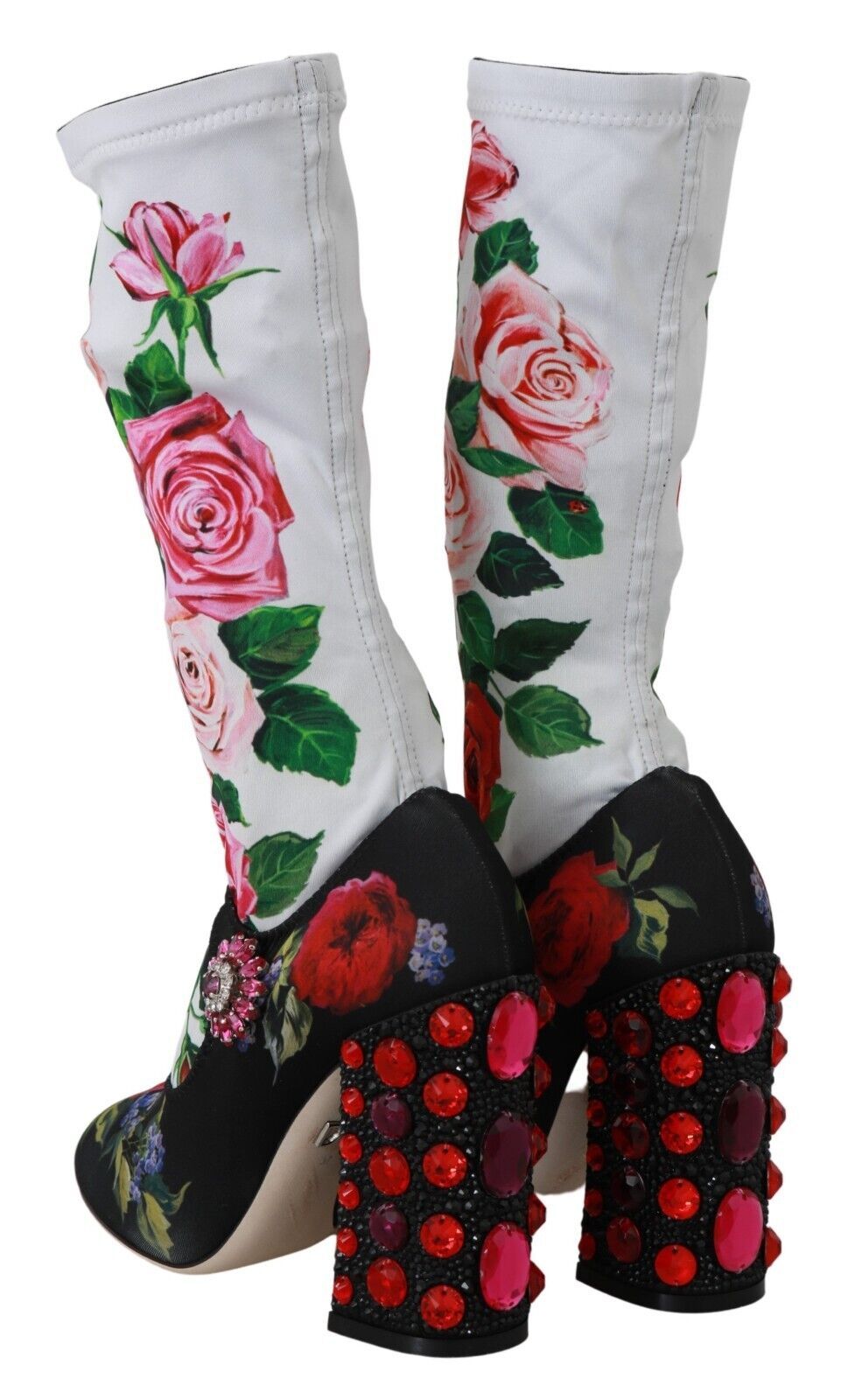 Black Floral Socks Crystal Jersey Boots Shoes-Dolce & Gabbana-LabelTerrace.com