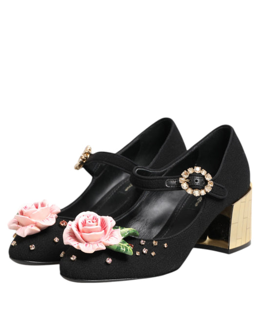 Black Flower Crystal Embellished Mary Jane Shoes-Dolce & Gabbana-LabelTerrace.com
