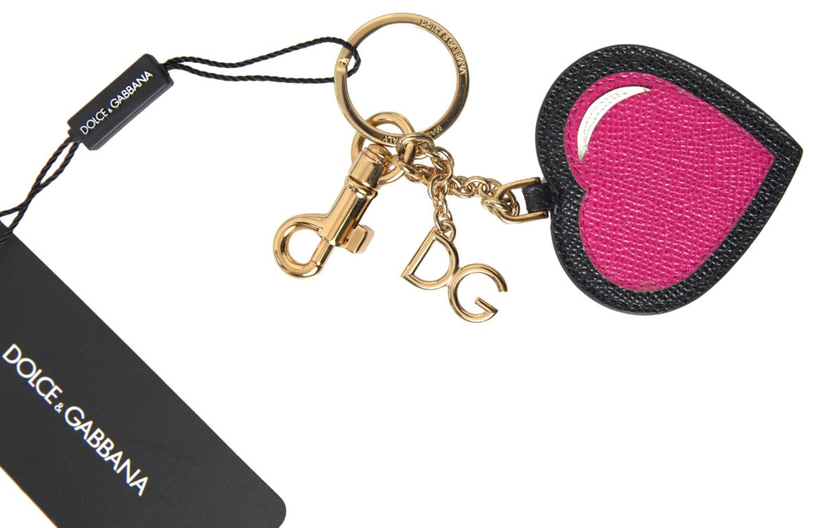 Black Fuchsia Heart Leather Gold Metal Keyring Keychain-Dolce & Gabbana-LabelTerrace.com