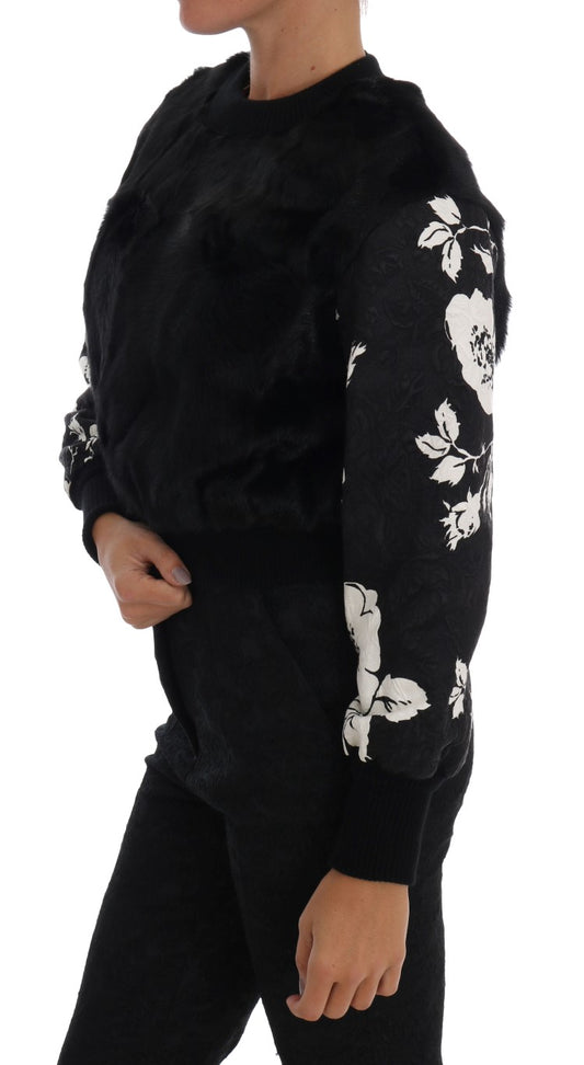 Black Fur Floral Brocade Zipper Sweater-Dolce & Gabbana-LabelTerrace.com