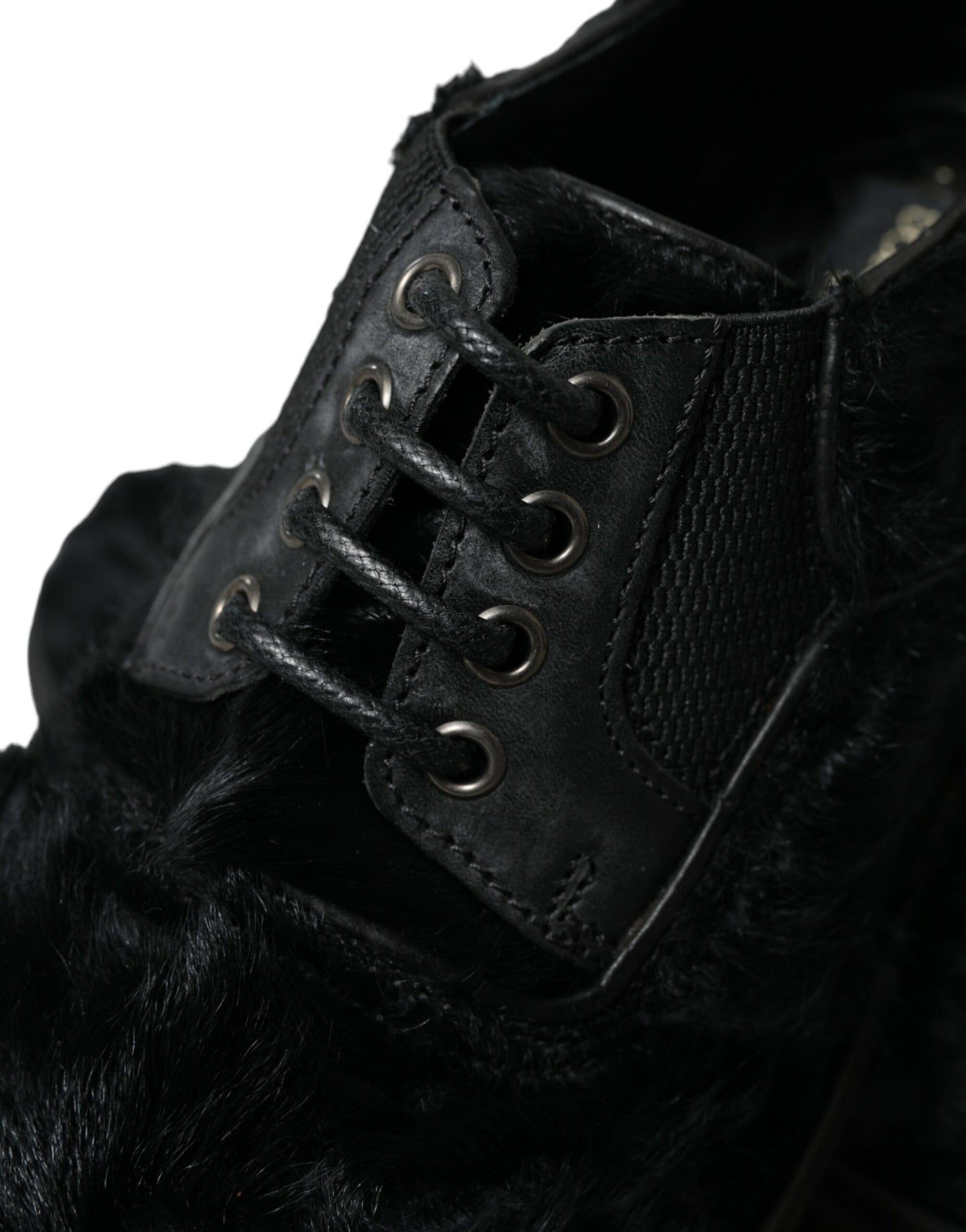 Black Fur Leather Lace Up Derby Dress Shoes-Dolce & Gabbana-LabelTerrace.com
