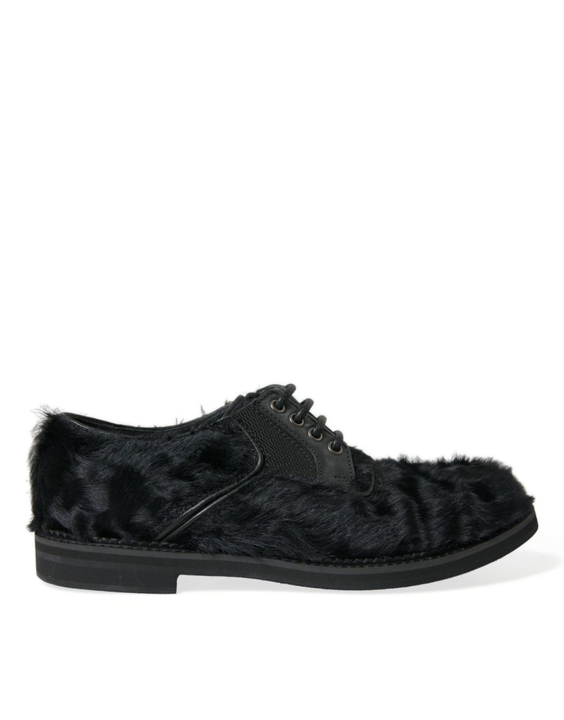 Black Fur Leather Lace Up Derby Dress Shoes-Dolce & Gabbana-LabelTerrace.com