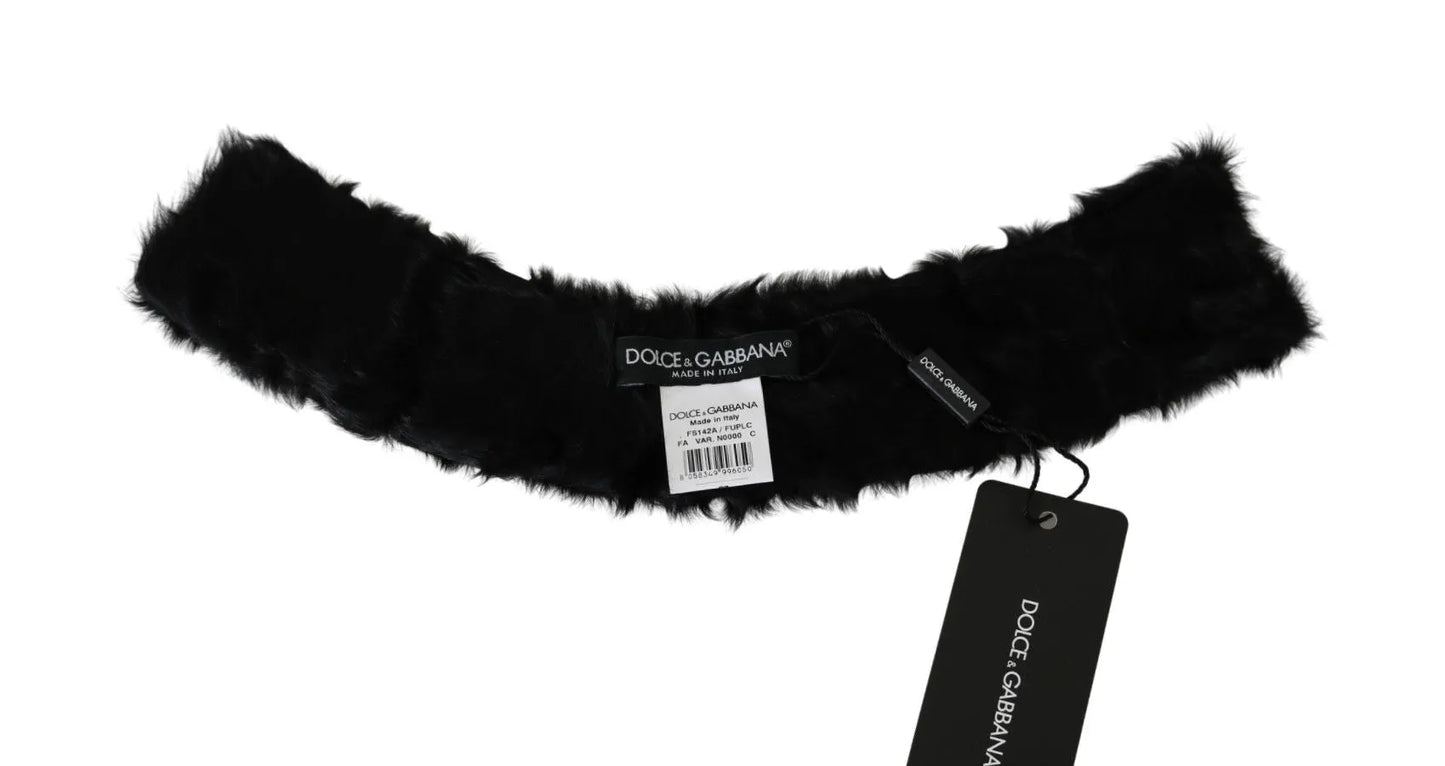 Black Fur Neck Collar Wrap Lambskin Scarf-Dolce & Gabbana-LabelTerrace.com