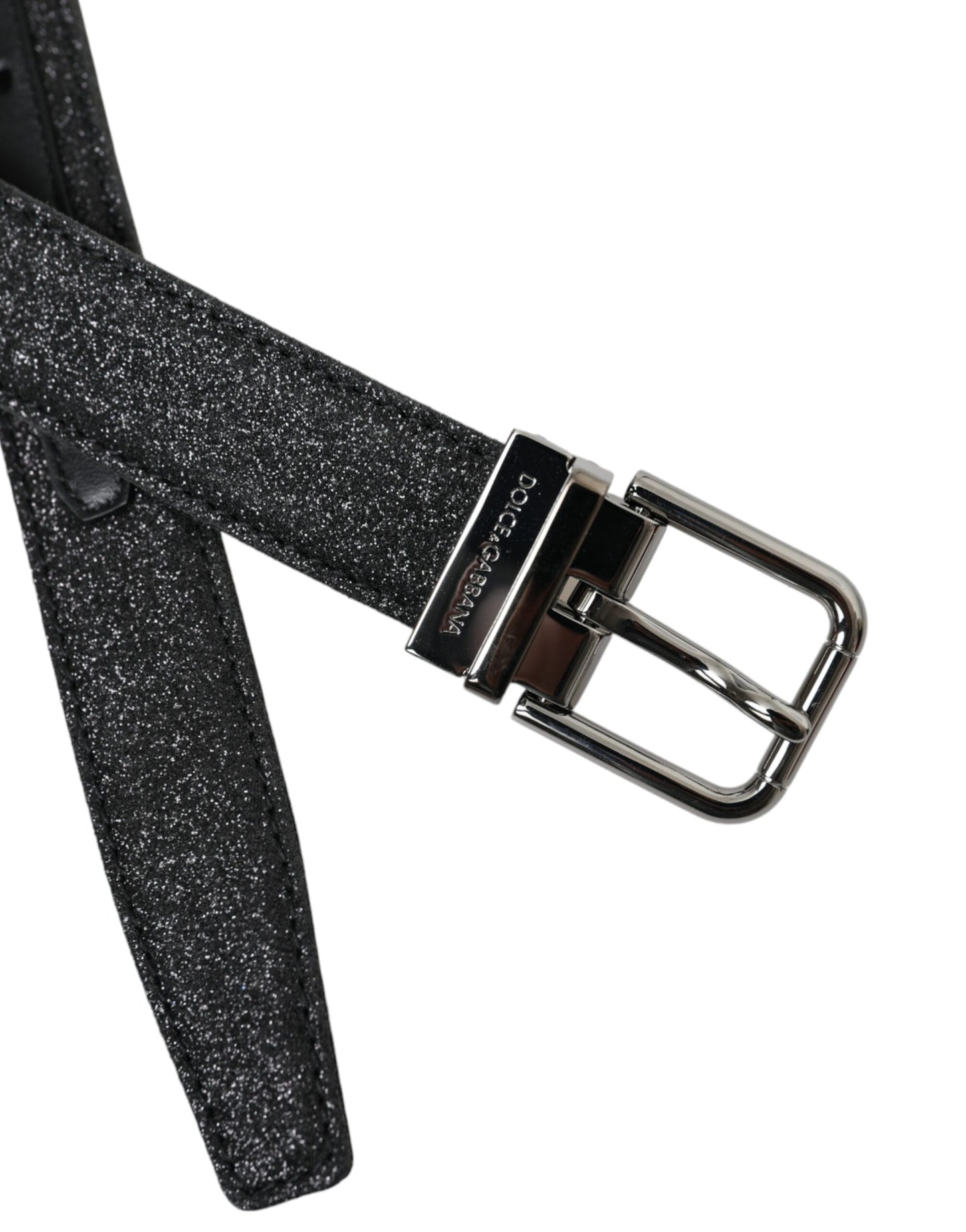 Black Glittered Leather Silver Buckle Belt-Dolce & Gabbana-LabelTerrace.com