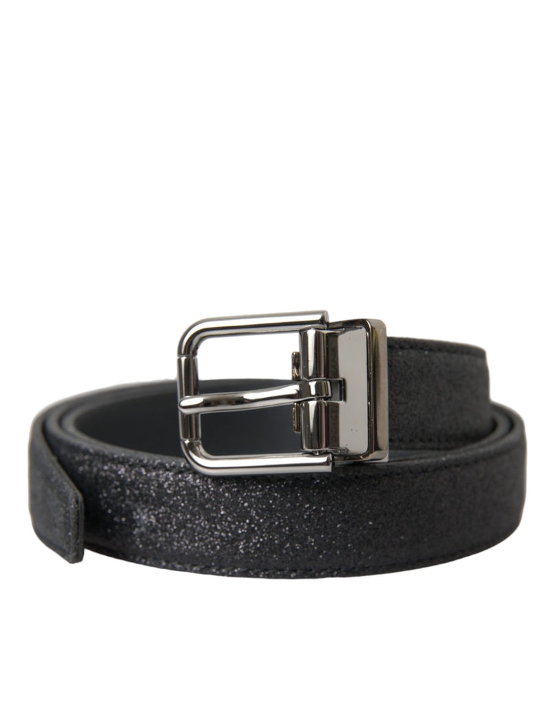 Black Glittered Leather Silver Buckle Belt-Dolce & Gabbana-LabelTerrace.com