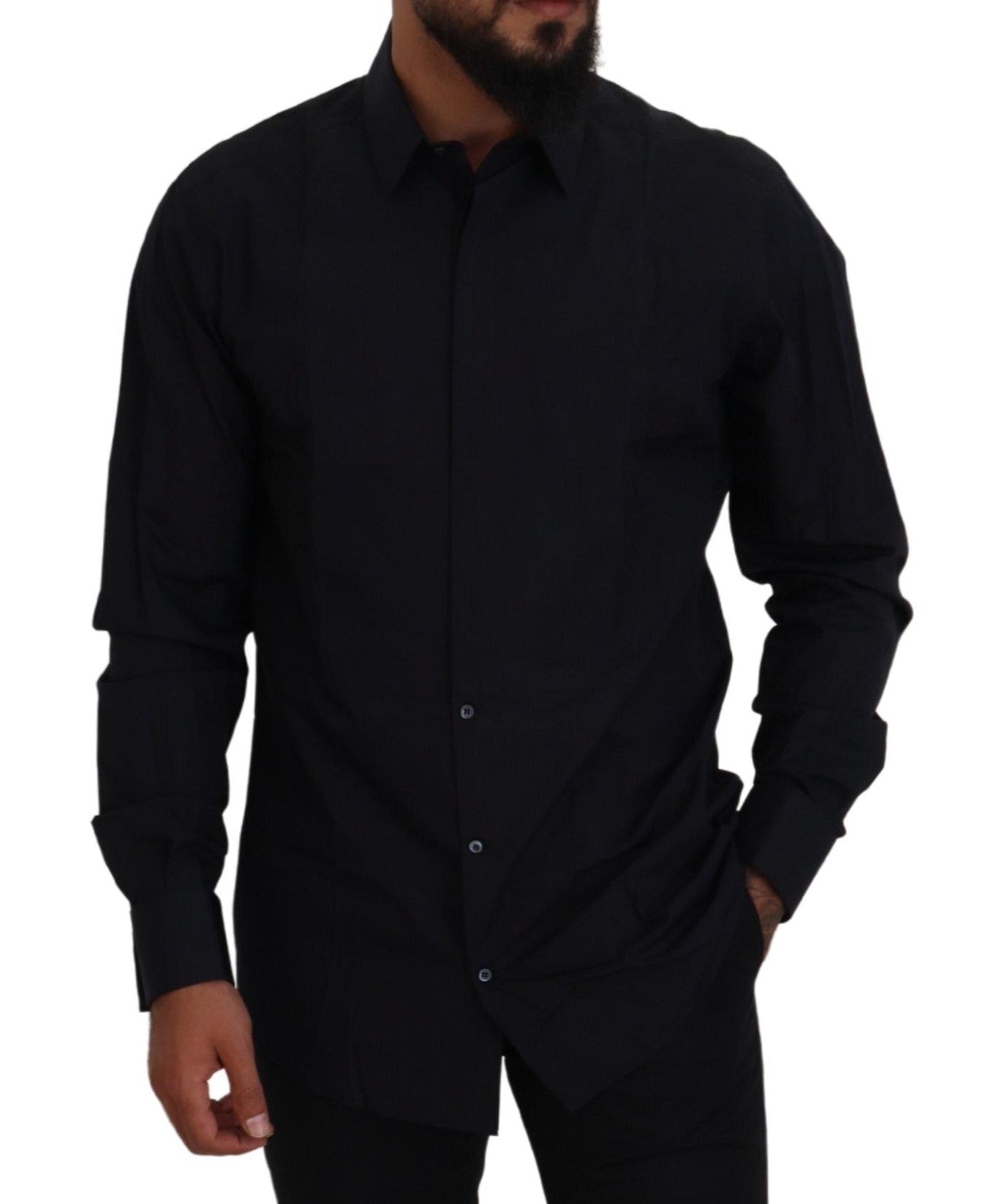Black Gold Cotton Slim Fit Dress Mens Shirt-Dolce & Gabbana-LabelTerrace.com