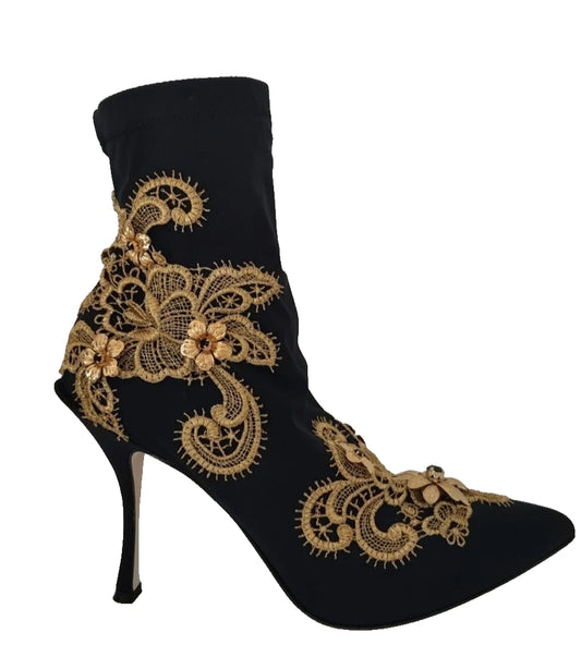Black Gold Embroidery Crystal Boots Shoes-Dolce & Gabbana-LabelTerrace.com
