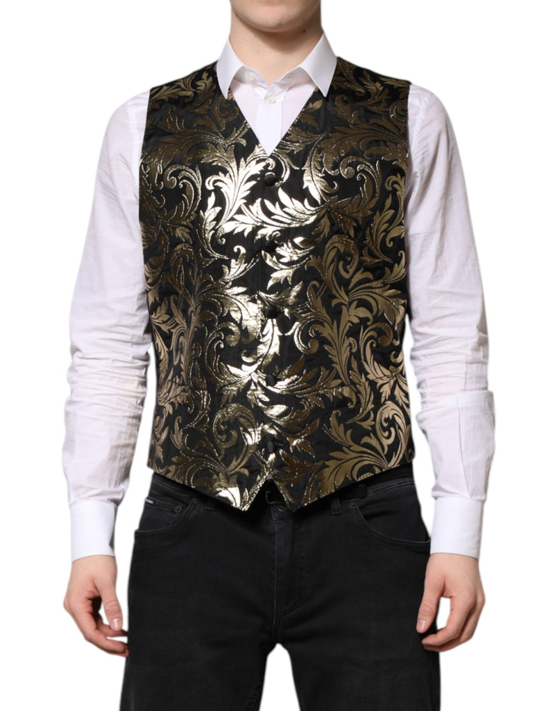 Black Gold Jacquard Formal Men Waistcoat Vest-Dolce & Gabbana-LabelTerrace.com
