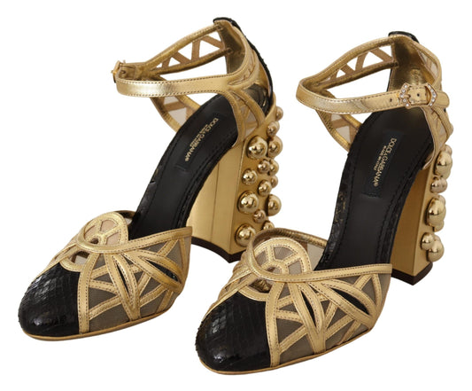 Black Gold Leather Studded Ankle Straps Shoes-Dolce & Gabbana-LabelTerrace.com