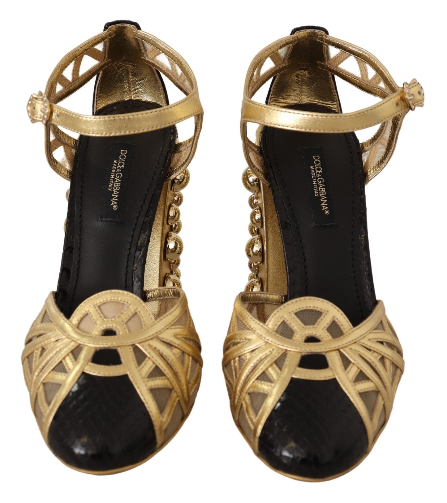 Black Gold Leather Studded Ankle Straps Shoes-Dolce & Gabbana-LabelTerrace.com