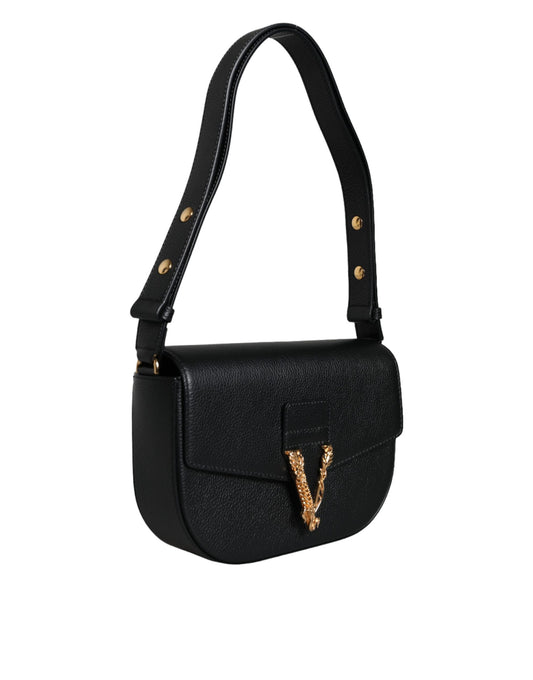 Black Grainy Calf Leather Logo Crossbody Shoulder Bag-Versace-LabelTerrace.com