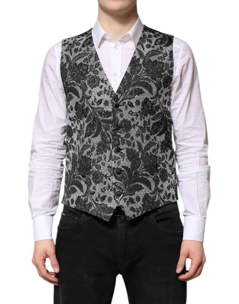 Black Gray Brocade Formal Men Waistcoat Vest-Dolce & Gabbana-LabelTerrace.com