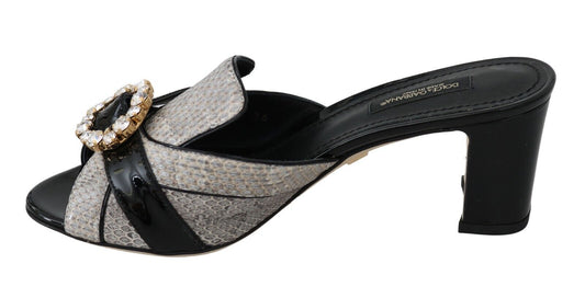 Black Gray Exotic Leather Crystals Sandals Shoes-Dolce & Gabbana-LabelTerrace.com
