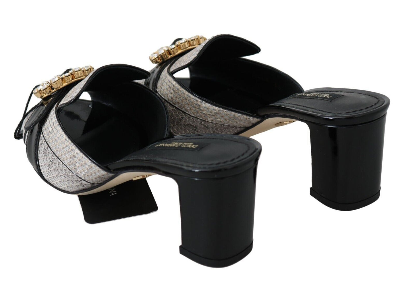 Black Gray Exotic Leather Crystals Sandals Shoes-Dolce & Gabbana-LabelTerrace.com