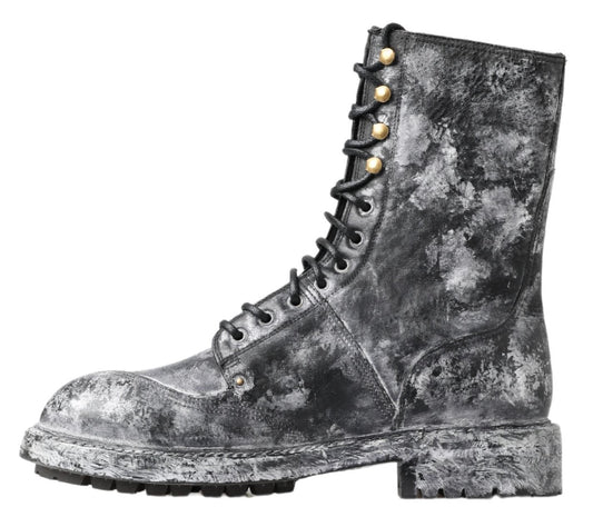 Black Gray Leather Mid Calf Boots Shoes-Dolce & Gabbana-LabelTerrace.com