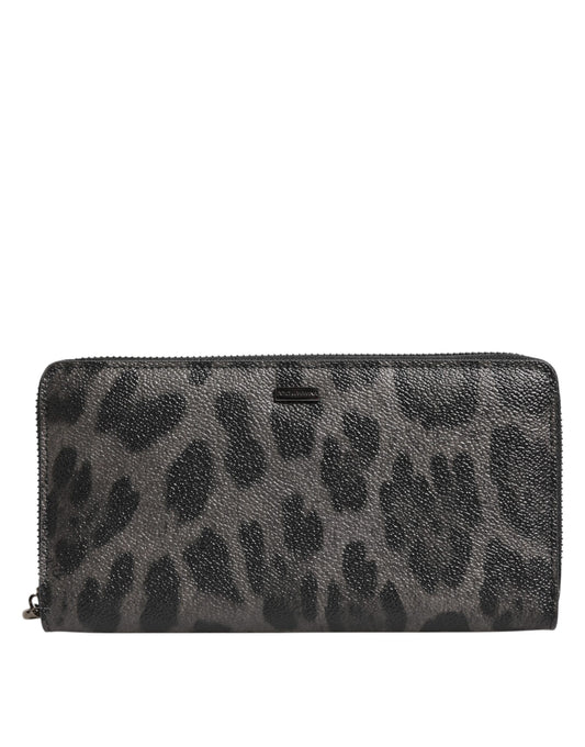 Black Gray Leopard Leather Zip Around Continental Wallet-Dolce & Gabbana-LabelTerrace.com