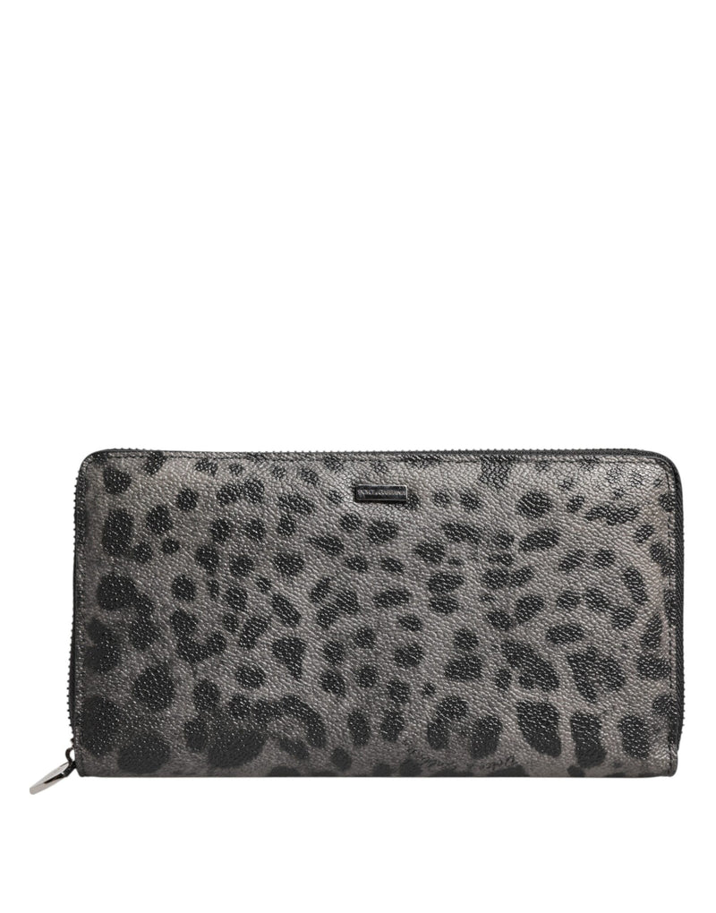 Black Gray Leopard Leather Zip Around Continental Wallet-Dolce & Gabbana-LabelTerrace.com