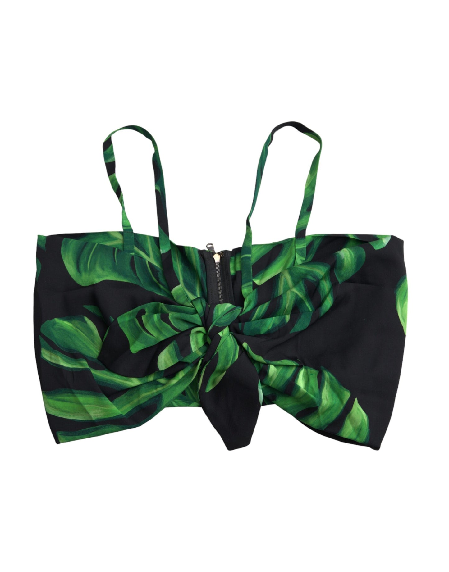 Black Green Leaf Silk Halter Cropped Top-Dolce & Gabbana-LabelTerrace.com