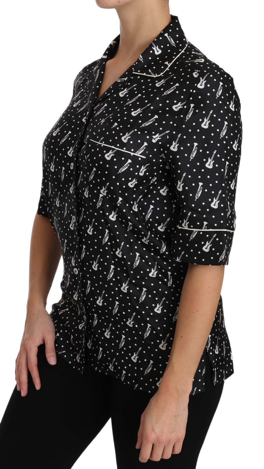 Black GuitarTrumpet Print Silk Shirt Top-Dolce & Gabbana-LabelTerrace.com