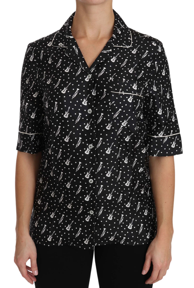 Black GuitarTrumpet Print Silk Shirt Top-Dolce & Gabbana-LabelTerrace.com