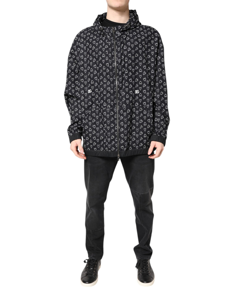 Black Heart Print Hooded Windbreaker Jacket-Dolce & Gabbana-LabelTerrace.com
