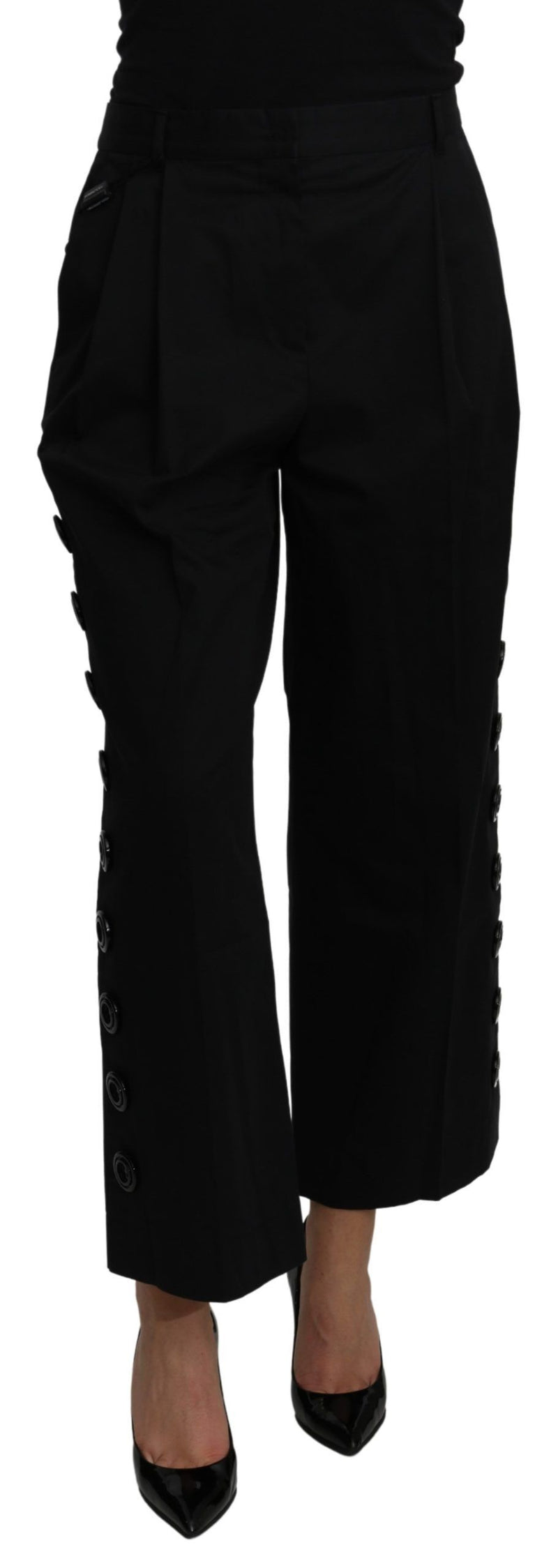 Black High Waist Cropped Cotton Stretch Pants-Dolce & Gabbana-LabelTerrace.com