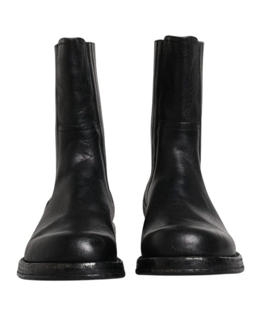 Black Horse Leather Mid Calf Boots Shoes-Dolce & Gabbana-LabelTerrace.com