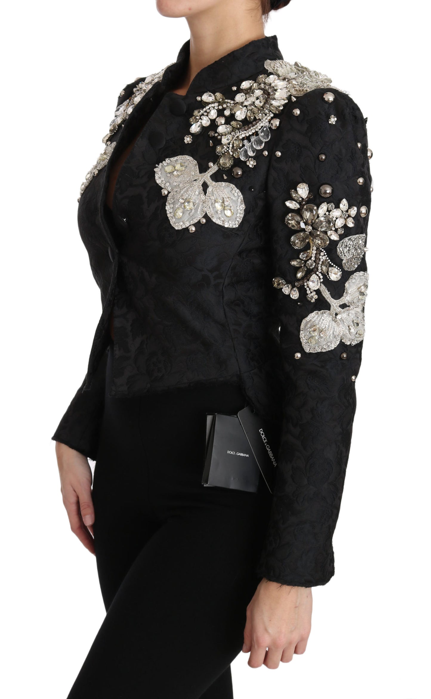 Black Jacquard Crystal Floral Jacket-Dolce & Gabbana-LabelTerrace.com